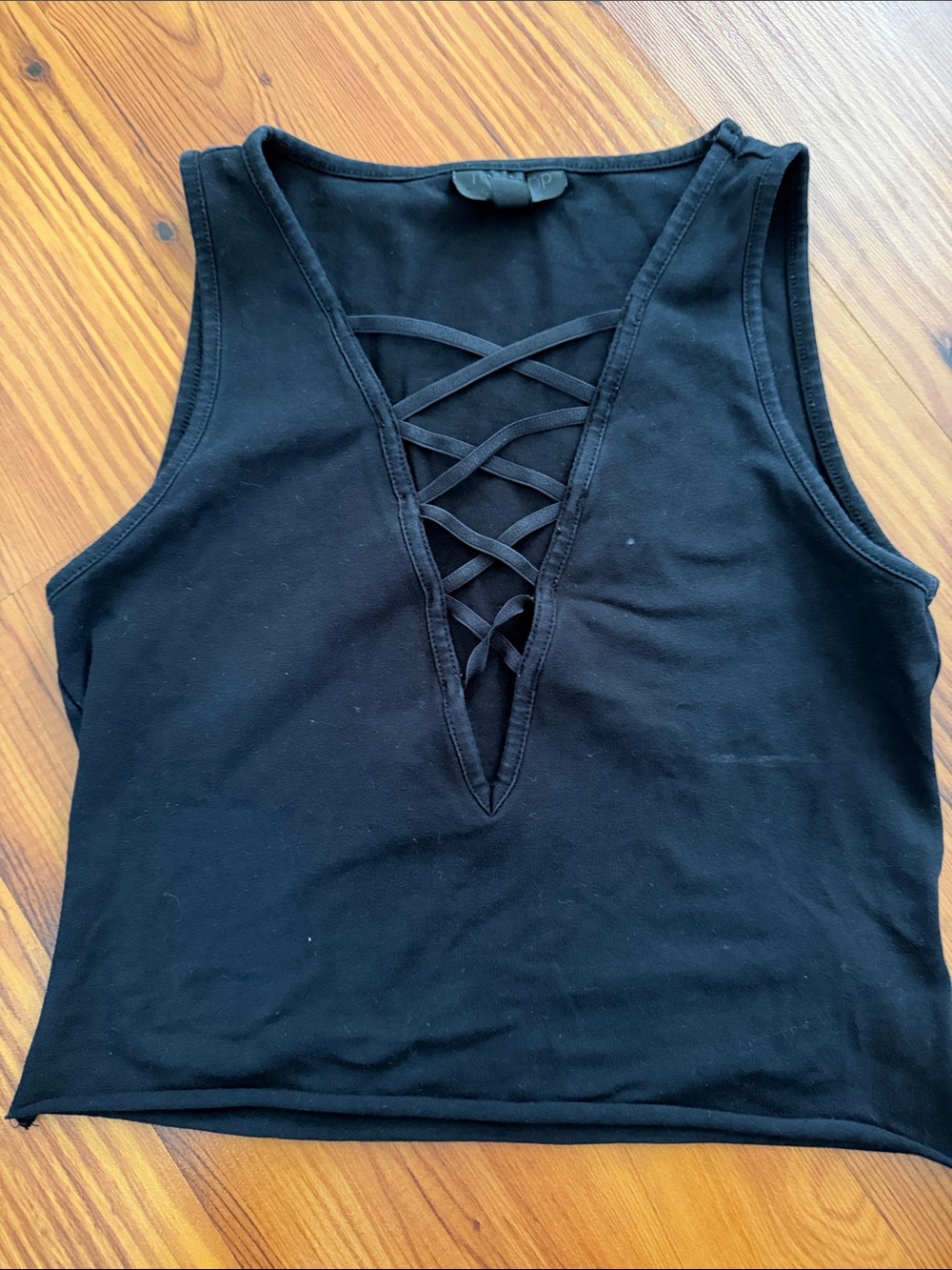 Topshop Black Lace-Up Deep V Crop Tank